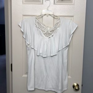 White ruffled lace decorated cap sleeve top